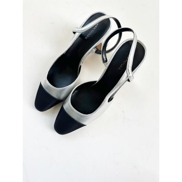 Ann Taylor Cap Toe Slingback Metallic Pumps - Size 7 Black Silver Leather - Picture 1 of 6